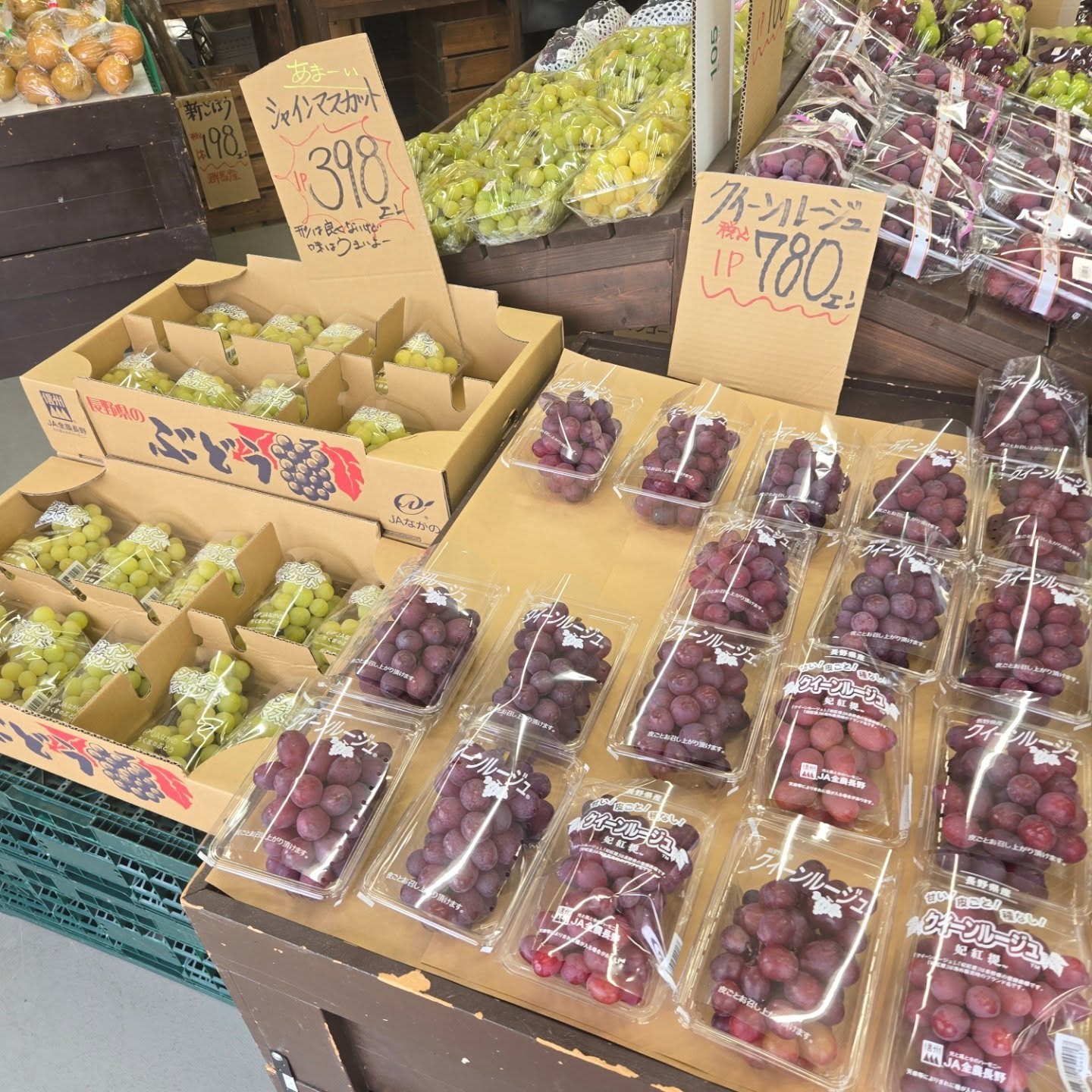 こんにちは

9/20(土)本日のお値段紹介

シャインマスカットが税込398円と衝撃価格です！！

今日も1日よろしくお願いいたします