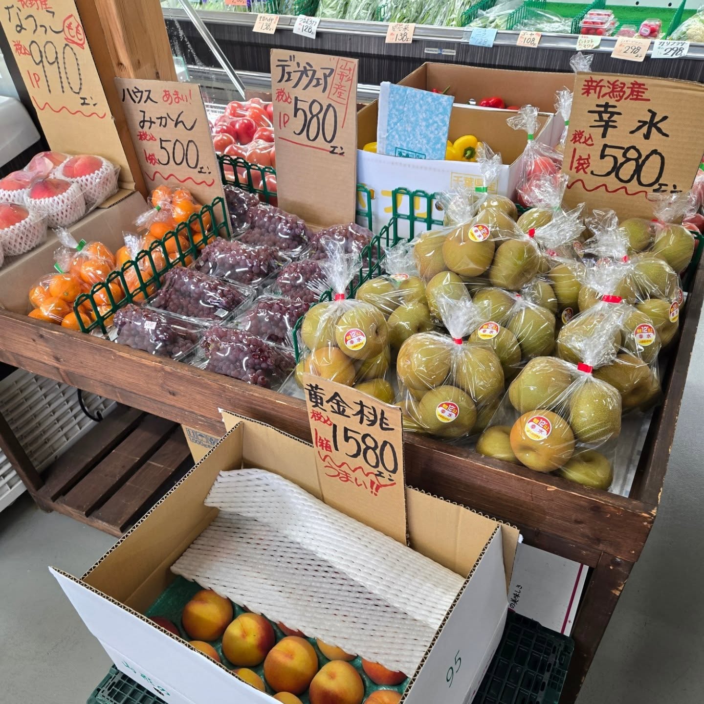 おはようございます

9/3(水)本日のお値段紹介!!

本日もシャインマスカットが598円とお安くなっております!!
黄金桃の箱もラスト1箱になりました!!
ご興味がありましたらお早めにご来店ください!!

今日も1日よろしくお願いいたします