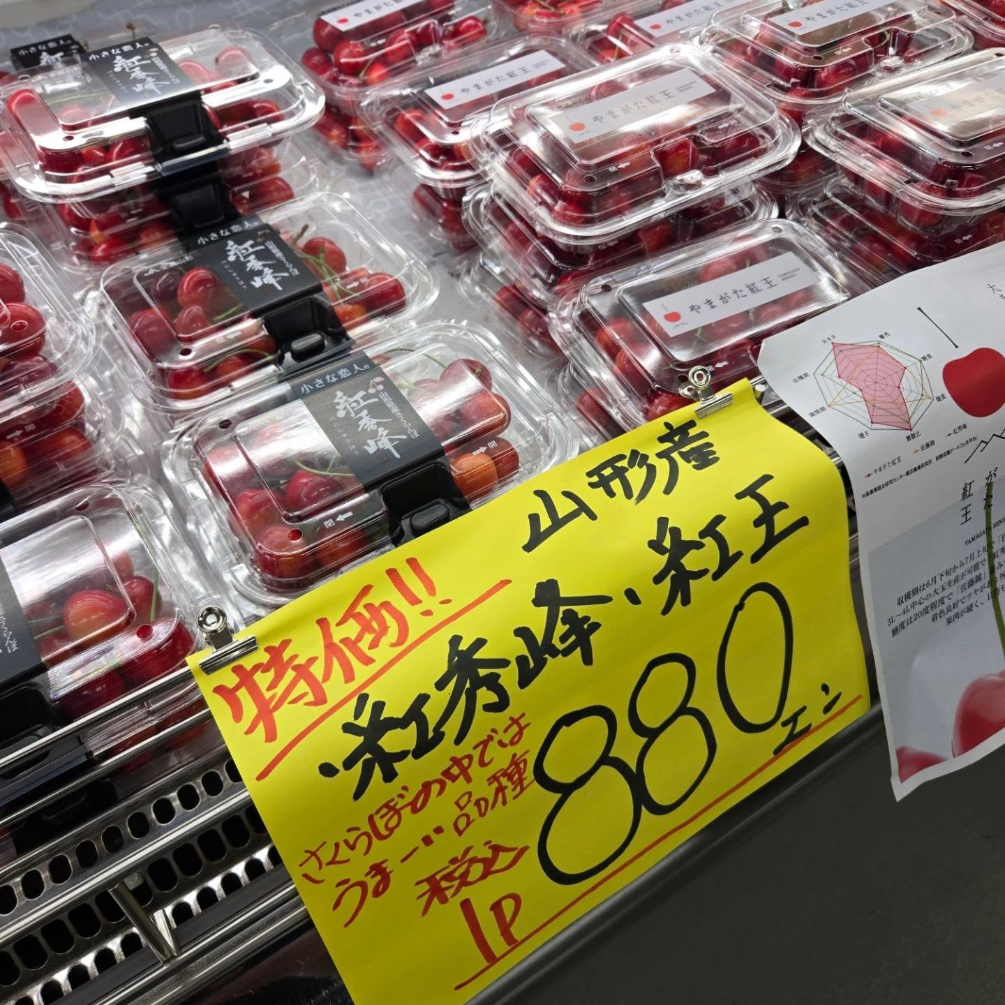 おはようございます

本日のお値段紹介

さくらんぼ好きなと本日と明日イチオシの｢紅秀峰｣と｢山形紅王｣が通常990円のところ880円にプライスダウンして限定販売します!!

もちろんお取り置きもできますのでお気軽にお電話ください

今日も1日よろしくお願いいたします‍♂️