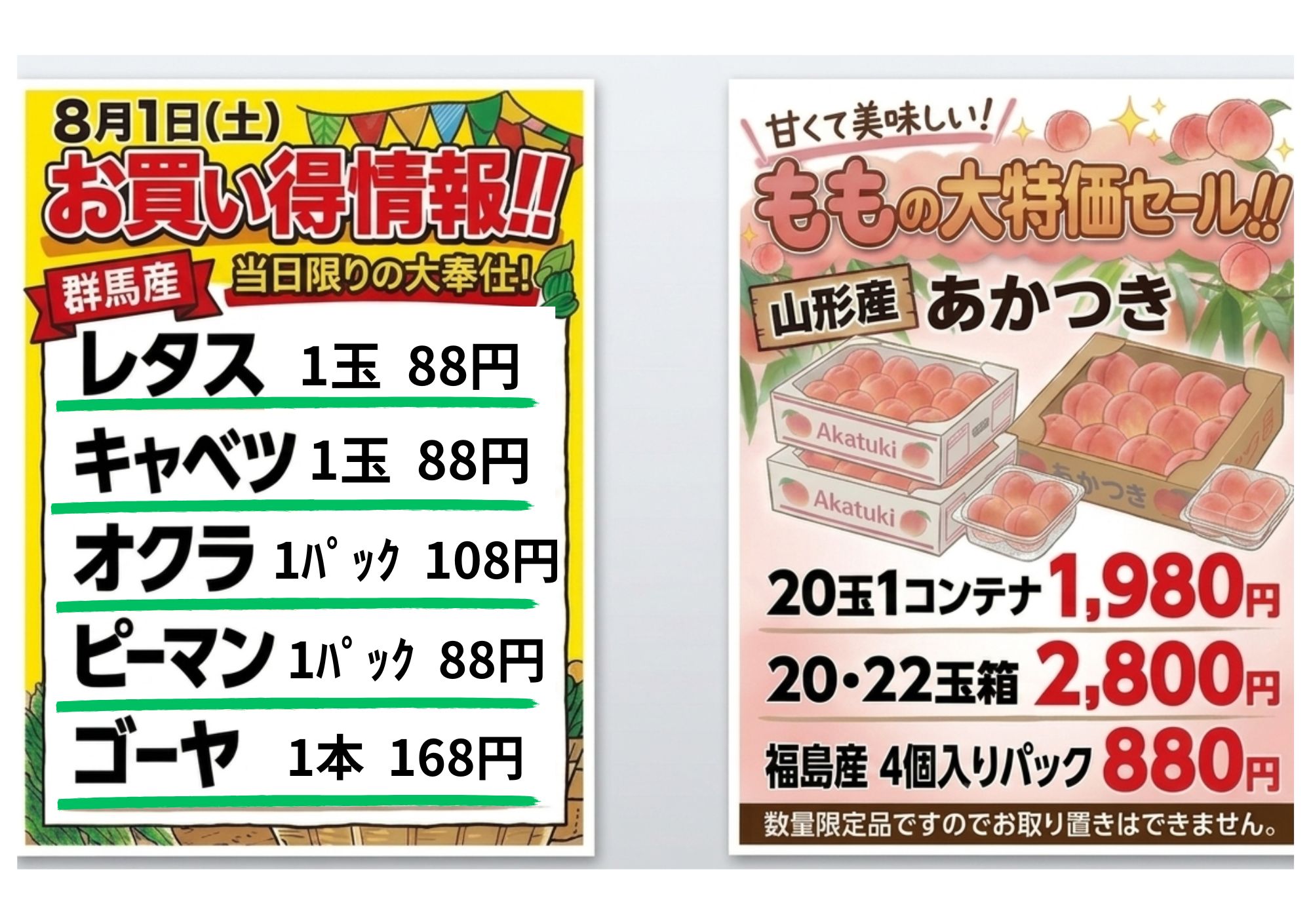 明日の大特価のお知らせ

明日は群馬産の野菜たちが安くなります
お知らせ以外の商品もお買い得価格になりますのでよろしくお願いいたします

また箱売りの桃もご用意させていただきます
数に限りがございますのでお取り置きは今回はできませんのでよろしくお願いします

※価格はすべて税込み価格になります。

そして明日はフルーツサンドの販売日です
ご購入際は保冷バッグ・保冷材の持参の程よろしくお願いします。

それでは明日もよろしくお願いします。