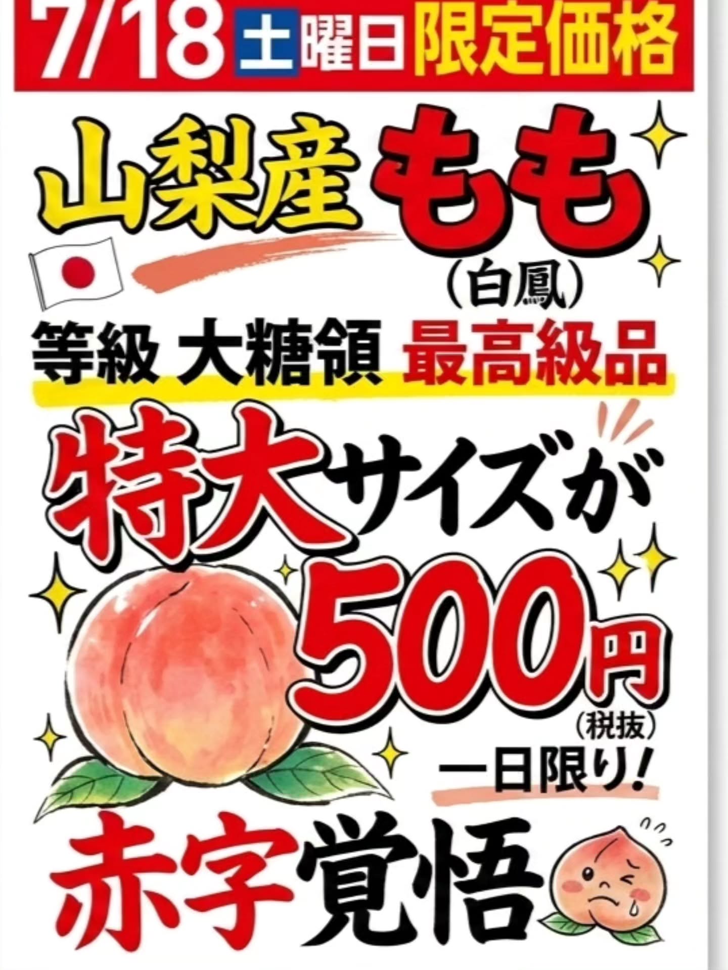 お知らせ

大特価情報!!

山梨産　最高級品等級大糖領
もも『白鳳』　通常600円のところ1個500円税込で販売します

野菜も安いです!!
レタス・キャベツが68円
胡瓜・108円
ピーマン98円
枝豆　238円
台湾ゴールドパイン　580円

その他にもお買得商品がたくさんあります

明日もよろしくお願いいたします‍♂️