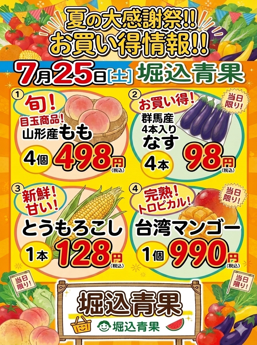 週末のお買い得情報
7月25日土曜日限定の価格になります

今回はお知らせの4品以外にもたくさんお買い得商品があります

※すべて商品が税込価格になります※

群馬産 大根 1本 108円
群馬産 レタス 1玉 88円
群馬産 ピーマン 1P 98円
群馬産 長ねぎ4本束 150円
群馬産 オクラ １ネット 108円

※赤字覚悟の山形産大玉すいかLサイズ※
羅王ザ・スイート 1玉 2200円

福島産 大玉もも 1玉 380円
青森産 レノンメロン(大玉) 1玉 990円
台湾産 台湾GOLDパイン 1本 498円

※どれも数に限りがございますのでお取り置きはできませんのでご注意ください