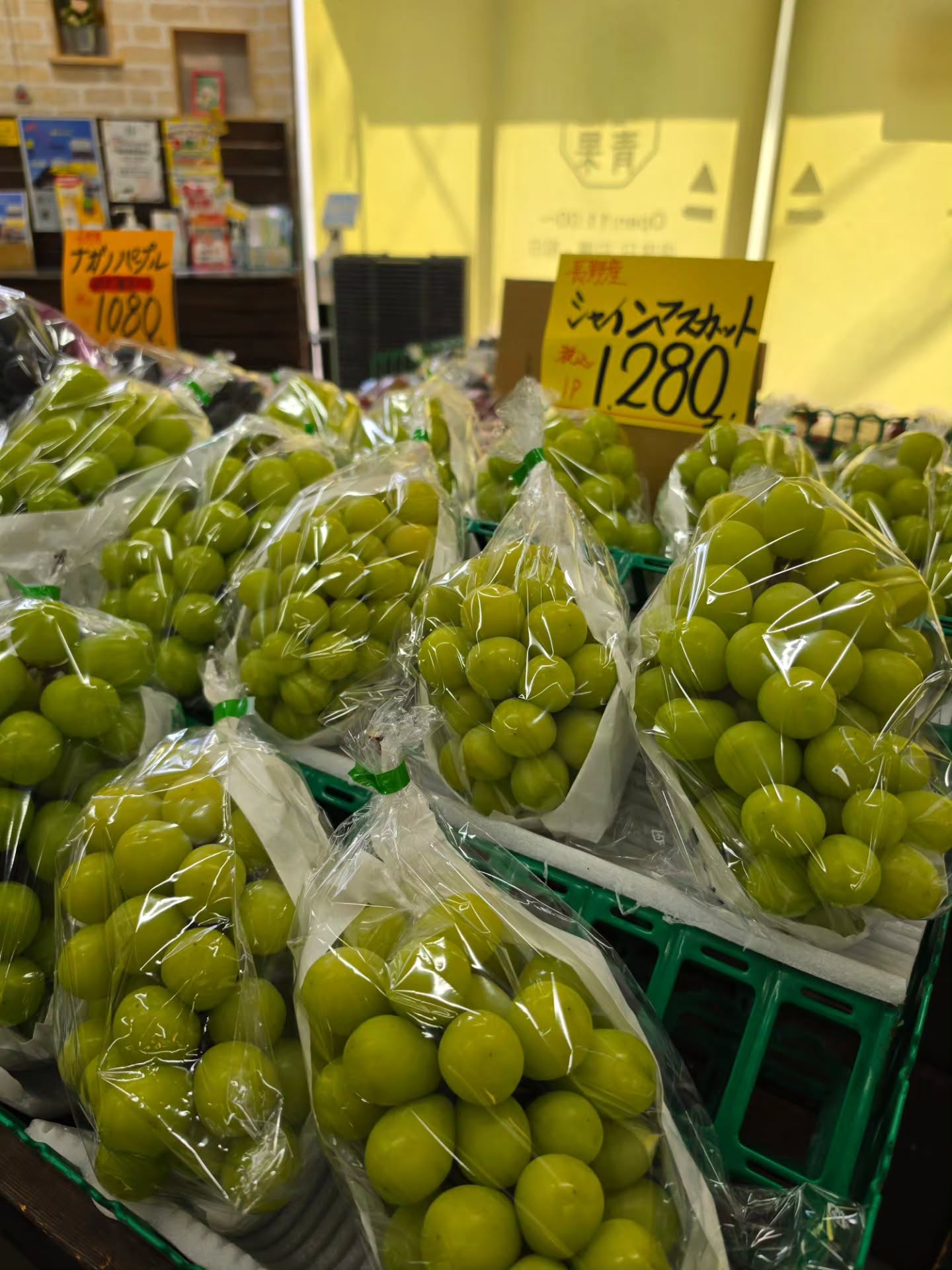 おはようございます️

9/18(金)

本日のお値段紹介

18日・19日限定で特大シャインマスカット1280円税込で販売しちゃいます
中には1キロを越える房もありますよ
グラム128円...激安です!!

そして、ぶどう好きに人気のナガノパープルも１房1080円安いですよ

シルバーウィーク前の大特価になりますので在庫がなくなり次第終了となりますのでよろしくお願いいたします‍♂️

お野菜は長雨のため価格が高騰しているため、なかなかお買得商品少ないですがよろしくお願いいたします!!

さぁ今日も1日よろしくお願いいたします