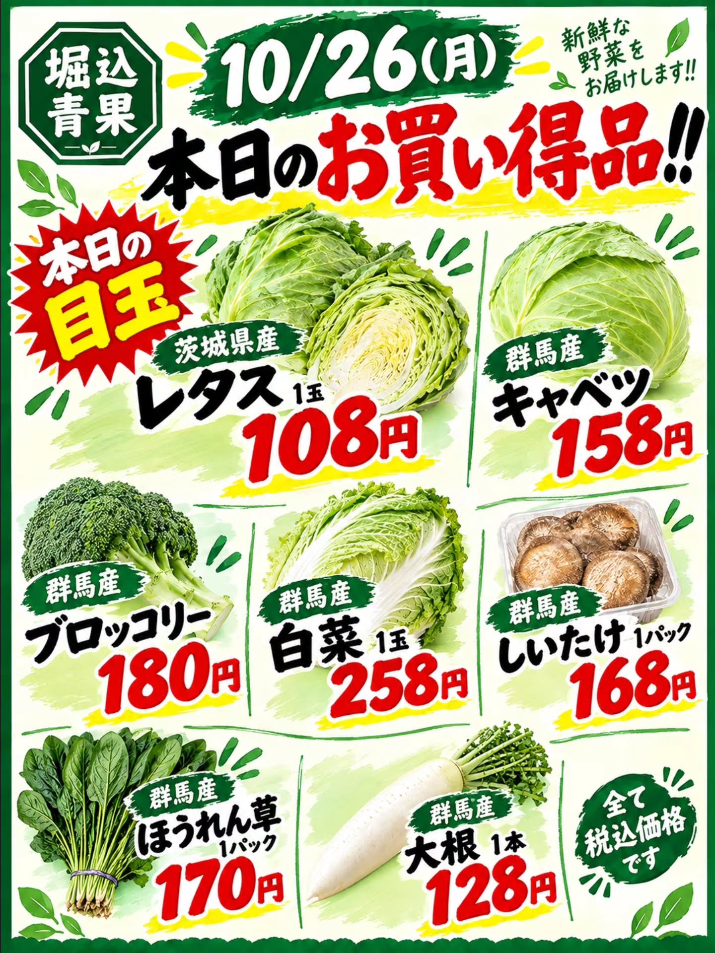 おはようございます

10/26(月)

本日のお買い得品です

目玉商品は茨城産　レタスです!!
1玉なんと、108円です!!

その他にもお買い得品を出しますので本日もよろしくお願いいたします‍♂️